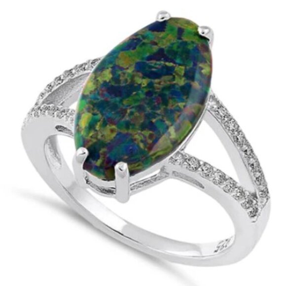 925 Sterling Silver Marquise Lab Created Green Black Opal CZ Ring - Picture 14 of 15